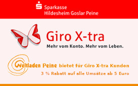 Der Weltladen Peine ist Kooperationspartner der Sparkasse Hildesheim Goslar Peine und bietet für Giro X-tra Kunden 3% Rabatt auf alle Umsätze ab 5 Euro.